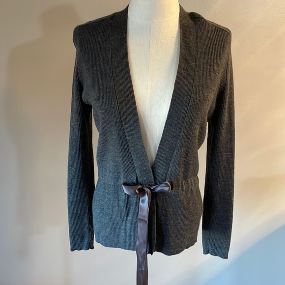 KENAR women’s 100% merino wool ribbed cardigan tie front sweater grey size Med - Picture 1 of 7
